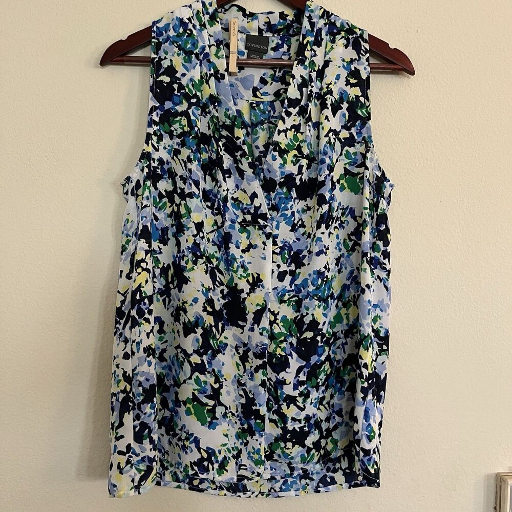 Covington V Neck Sleeveless Blue Career SZ M Blouse Top Shirt Office Women's